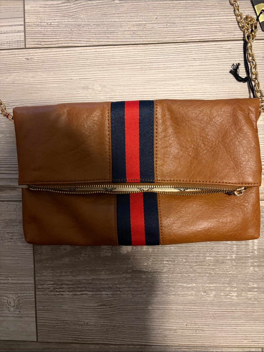Moda Luxe Jules Clutch Tan with Red & Navy Center Stripe NWT - Picture 6 of 7